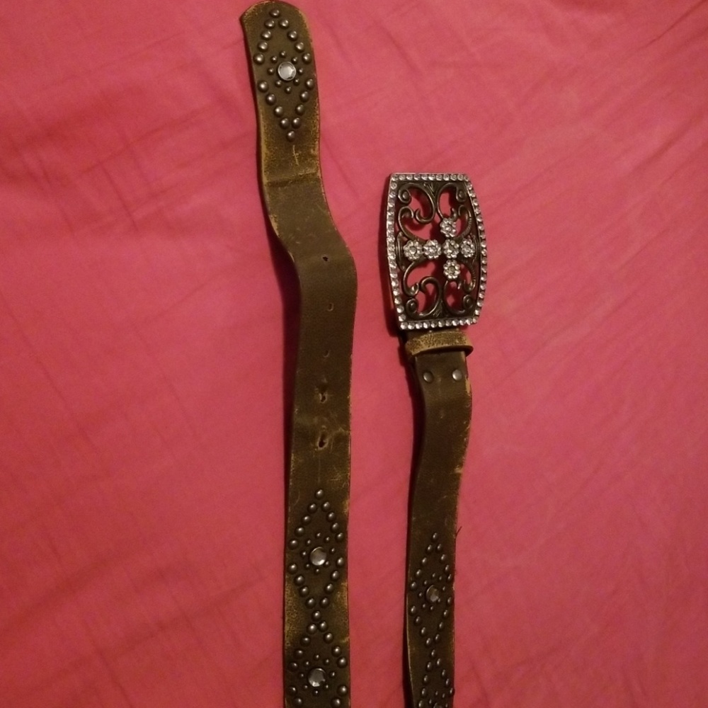Distressed, bejeweled, buckle belt